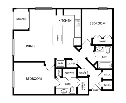 Floor plan for 2 beds, 2 baths, 1050 sqft